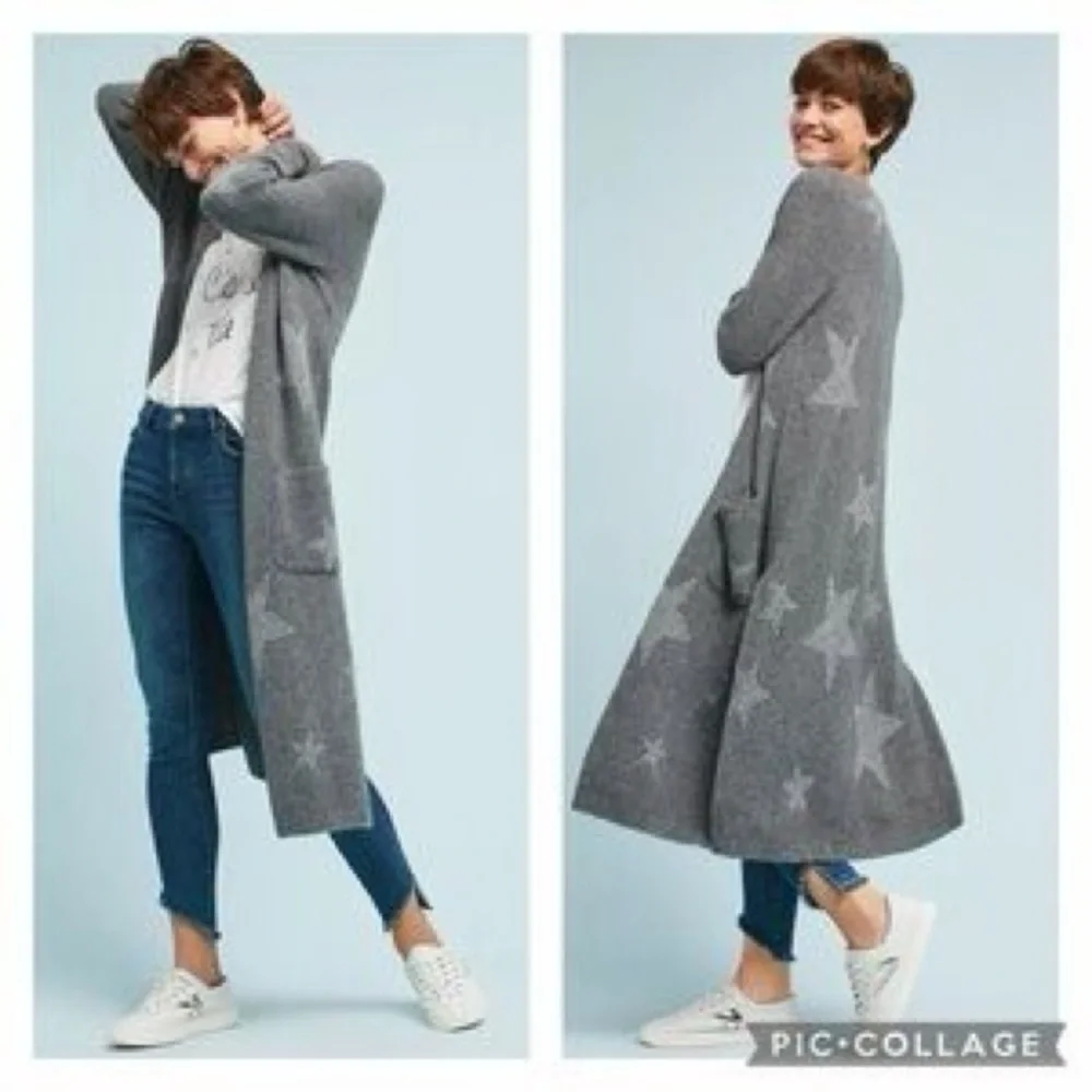 Medium Anthropologie knitted & knotted Gray Star Pattern Long Cardigan sweater